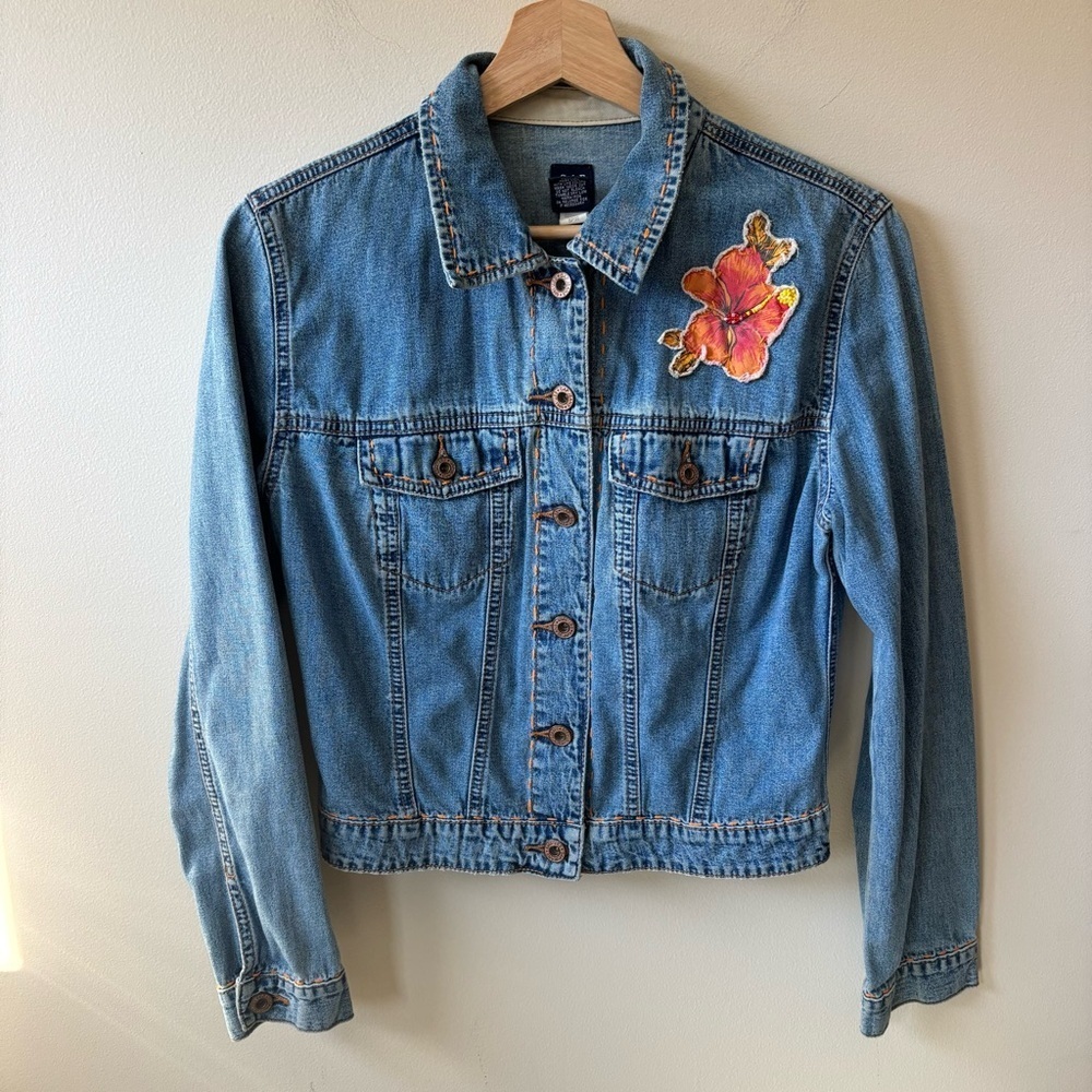 GAP Cropped Denim Jacket with Orange Stitching and Flower Patch